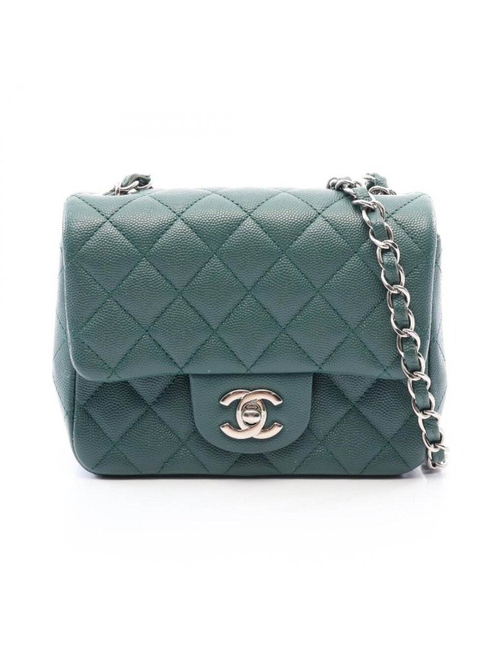 Chanel Shoulder Bag Mini Quilted Blue Green Caviar Leather Chain